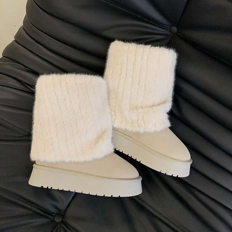 2024 Winter New Fashion Furry Hem Wedge Non-slip High Womens Outdoor Warm and Comfortable One-foot Snow Boots