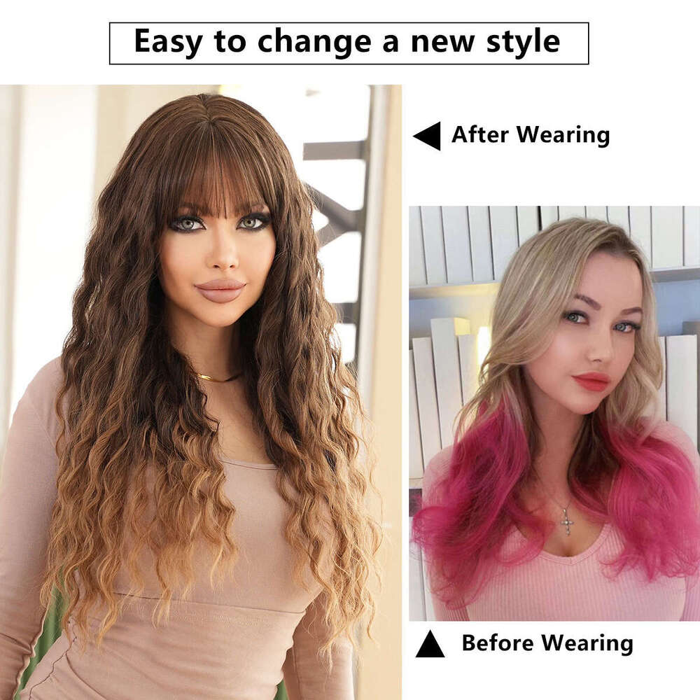 Women's New Wig Gradient En Brown Deep Wave Bangs Long Curly Hair Deep Wave Wigs Kq9 Kq9