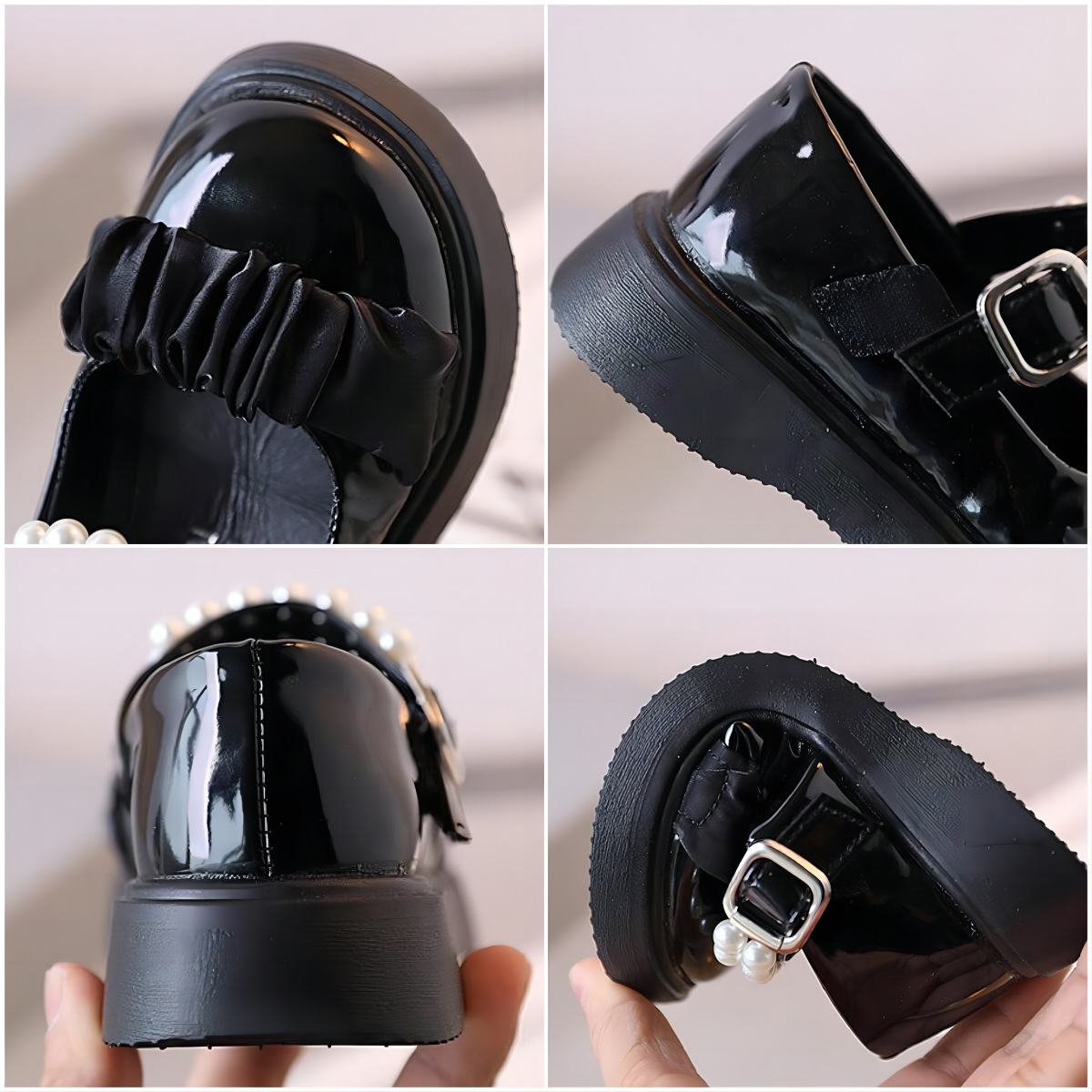 Girls Leather Kids Shoes Mary Jane Glossy Pearls and Bow Solid Color Baby Casual Princess Shoes for Children Party Wedding Flats Dress Shoes Sizes US 