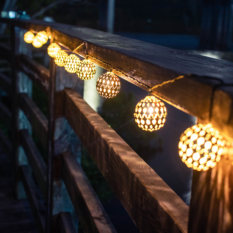 LED Solar Moroccan Globe Light String with Ironwork Metal Holes for Outdoor Garden Decoration