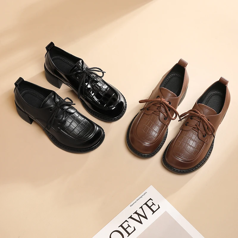 AIYUQI Women Shoes Loafers Genuine Leather Spring Lace-up Mid Heels Shoes Women British Style Large Size Women Shoes