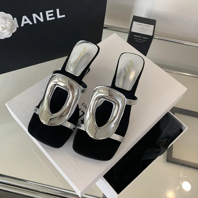 5cm Heeled Wedge Sandals Women Silver Slippers Casual Low Heel Summer Shoes Gold Metals Ladies Slippers 241216