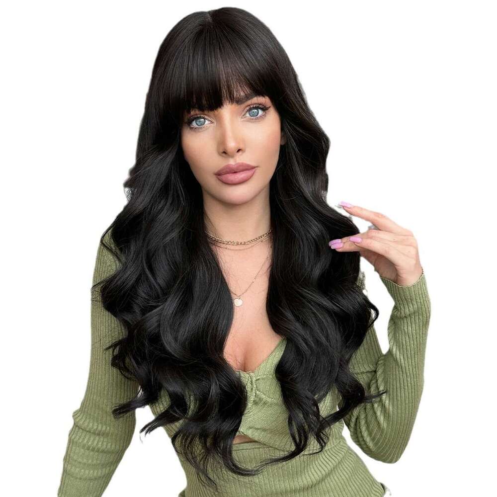Female Natural Black Long Curly Hair With Big Waves And Bangs, Full Head Set, Synthetic Wig Kq9 Kq9