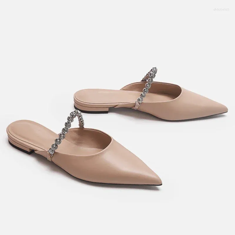 Slippers Delicate Leather Rhie Belt Sandals Woman Pointed Toe Flat Low Heels Mules Ladies Casual Slides Home Outside Shoes
