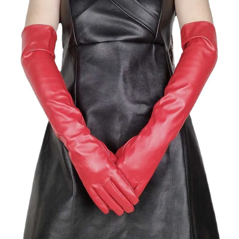 Sexy Leopard Touch Screen Gloves Winter Women PU Black 50cm Long Simulation Leather Thin Full Finger Warm Driving Mittens K52 241216