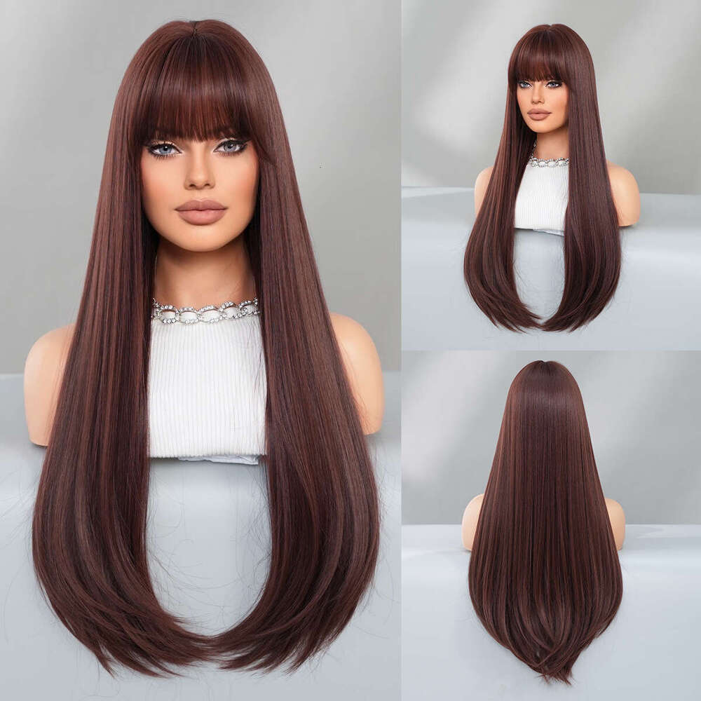 Ladies' Long Straight Hair, Mocha Brown, Neat Bangs, Layered Fashion Wig, Full Head Cover, Wigs Kq9 Kq9