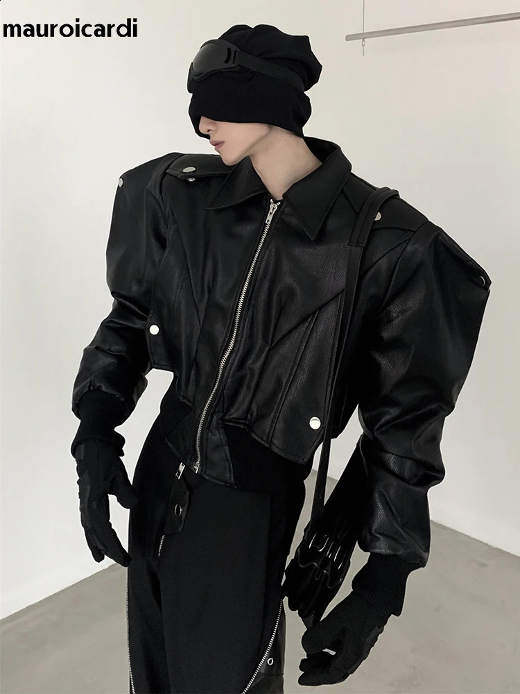 Mauroicardi Spring Autumn Cool Handsome Short Oversized Black Pu Leather Jacket Men with Shoulder Pads Long Sleeve Zipper 241217