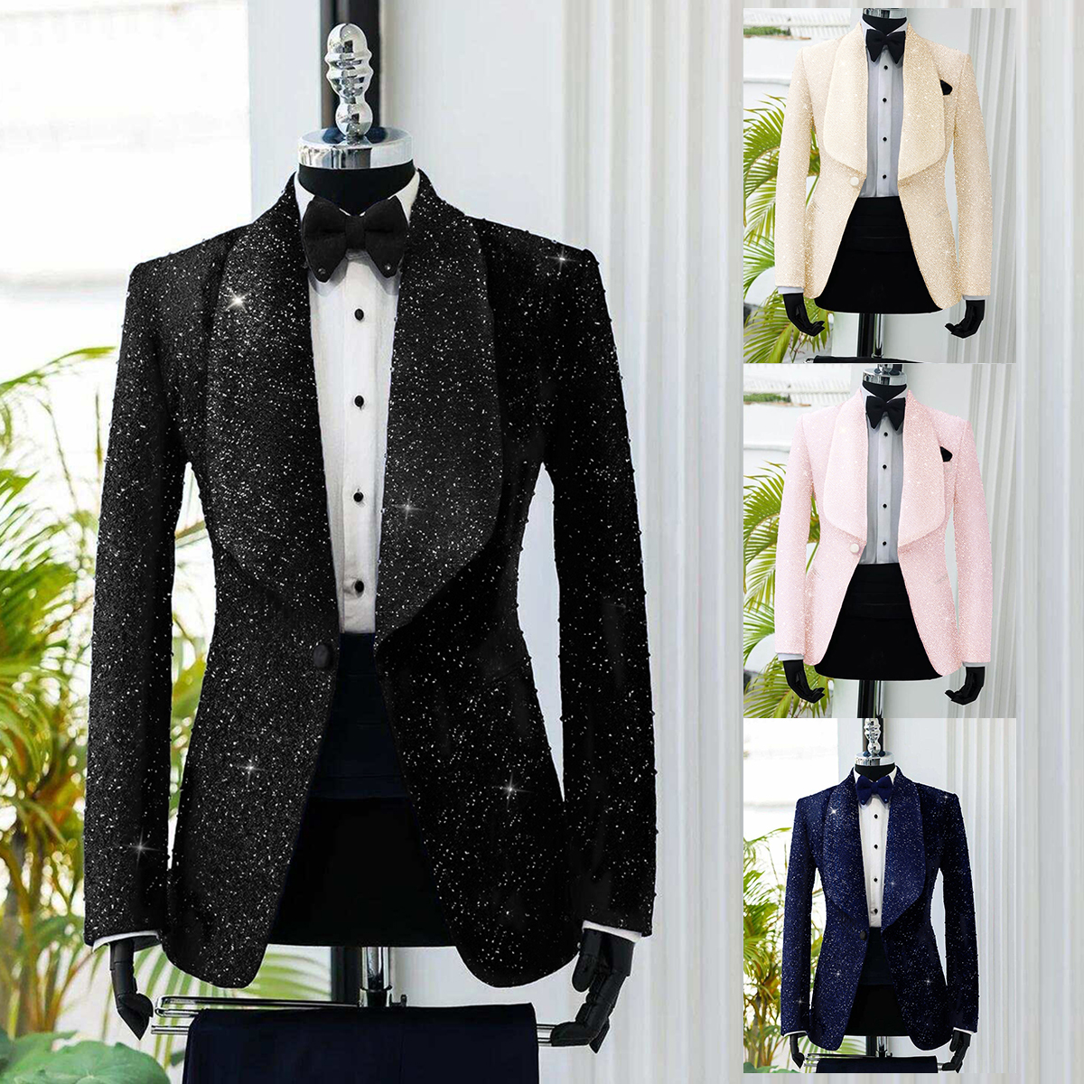Customized Sequined Mens Wedding Tuxedos Designer Shawl Lapel Classic Fit Groom Party Wear Blazer Coat 2 Pieces Black Pants