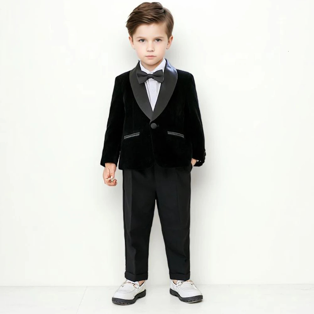 Boys formal velvet suit childrens birthday dress wedding party po piano retro costume childrens jacket pants tie set 241216