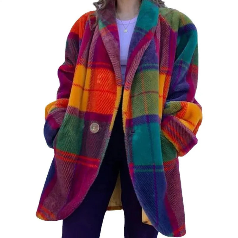 Autumn Female Plaid Print Woolen Coat Single Button Lapel Jacket Cardigan Winter Long Sleeve Pocket Women Outwear 241214 - view 5