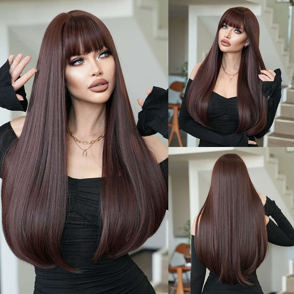 Ladies' Long Straight Hair, Mocha Brown, Neat Bangs, Layered Fashion Wig, Full Head Cover, Wigs Kq9 Kq9