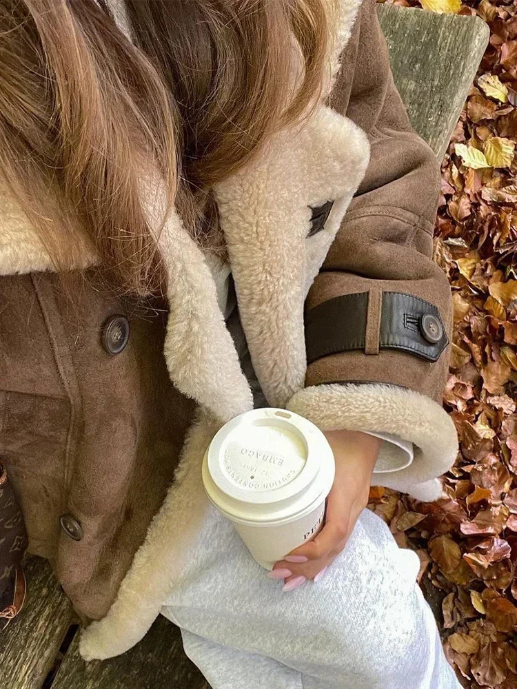Autumn Winter Warm Lapel Long Sleeve Lamb Wool Jacket Women Single Breasted Pockets Sheepskin Coat Lady High Street Outwear 241217