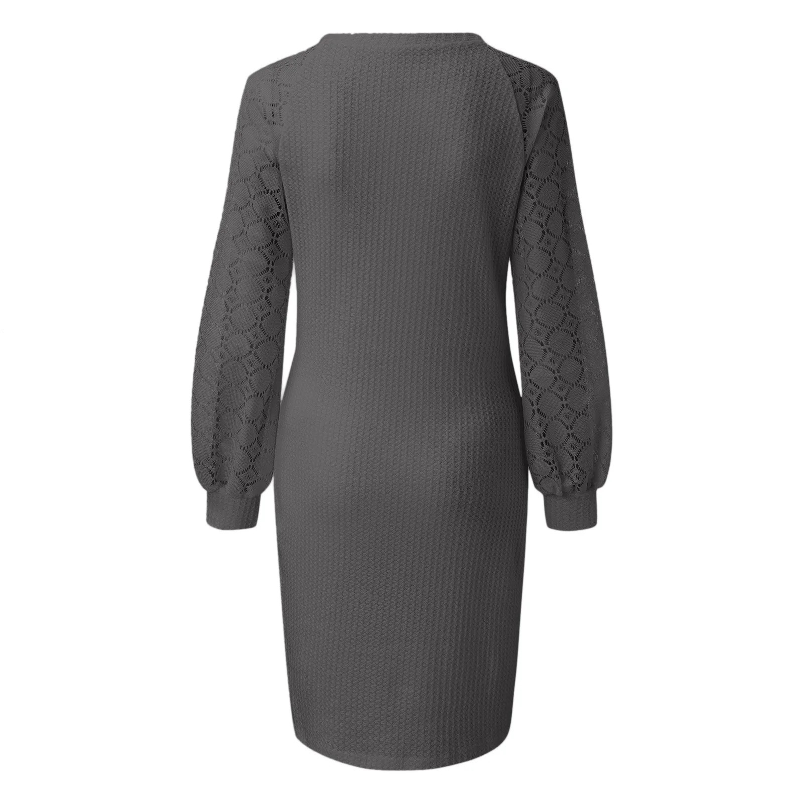 Vneck long skirt womens sleeved casual dress lace patchwork solid loose knit slider 241212