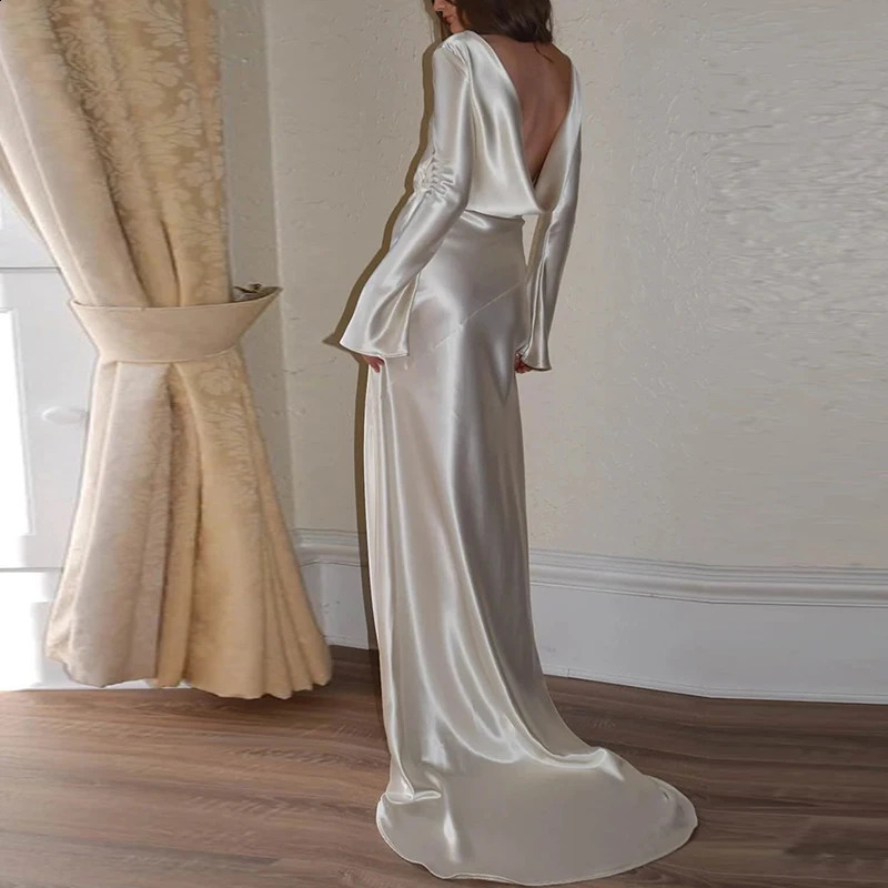 White satin long sleeved slim evening dress sexy hollow backless mermaid dress autumn womens O-neck fashionable dress 241213