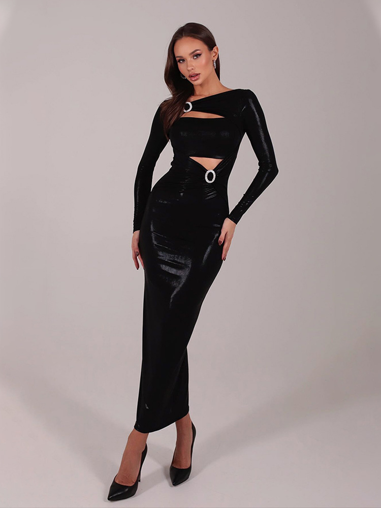 Casual Dresses Sexy Pu Leather Women's Maxi Dresses Solid Hollow Out Sheath Long Sleeves O-Neck Buttons Bodycon Party Vestidos Robes