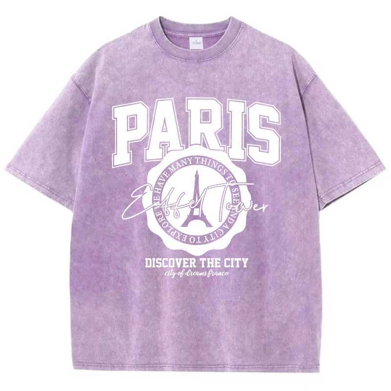 Women's T-Shirt Casual Woman Acid Wash T-Shirts Paris Discover The City Prints Ts Distressed Oversize Cotton Short Slve Trend Female Clothes Y241