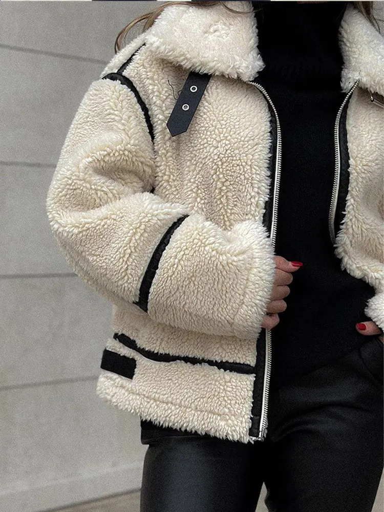 Causal Contrast Lapel Collar Short Wool Fur Coats For Women Fashion Long Sleeve Zipper Female Jacket Winter Warm Daily Wear 241217