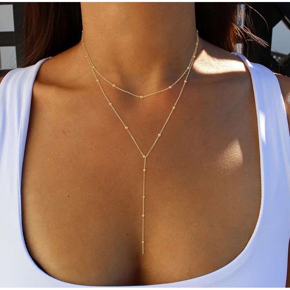 Lariat for Women, Dainty Long 14k Plated/Sier Y-Shaped Pendant Necklace Trendy Layered Cz Beaded Chain Drop Necklaces Simple Gold Jewelry For Women Gi