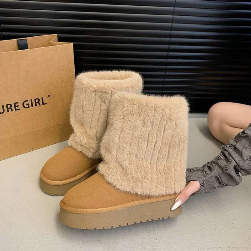 2024 Winter New Fashion Furry Hem Wedge Non-slip High Womens Outdoor Warm and Comfortable One-foot Snow Boots