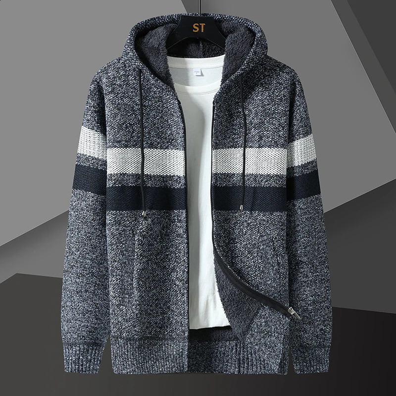 Winter Fleece Striped Cardigan Men Thick Warm Knitted Hooded Sweatercoat Mens Long Sleeve Casual Knitting Sweater Jacket Coats 241217