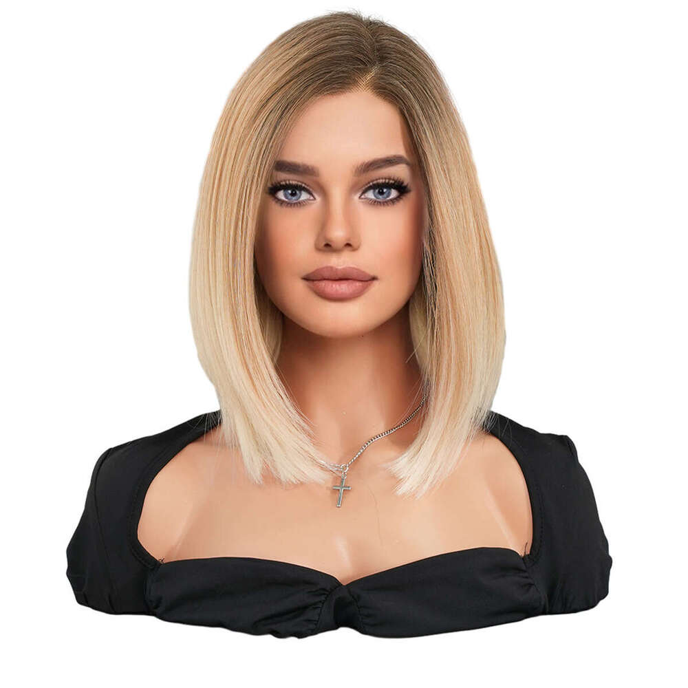 Gradient Gold Front French Bob Women's Hair Seam Lace Short Straight Fiber Wig Kq9 Kq9