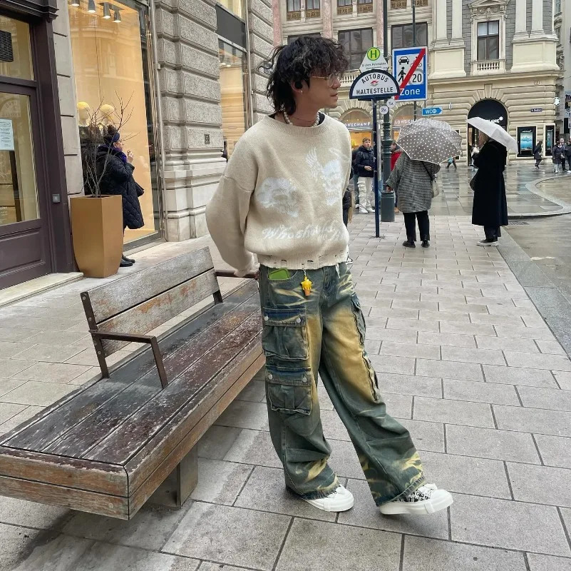 Streetwear Stylish Three-dimensional Pocket Washed Baggy Jeans Men Y2K Gothic Retro Casual High Waist Wide Leg Pants 241217