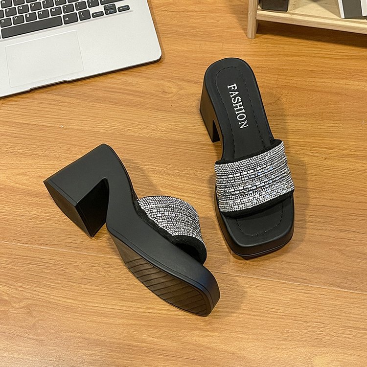Women Slippers High Heel Sandals New Fashion Korean Version Diamond Gentle Style Increase Height Triple Black Beige Free shipping