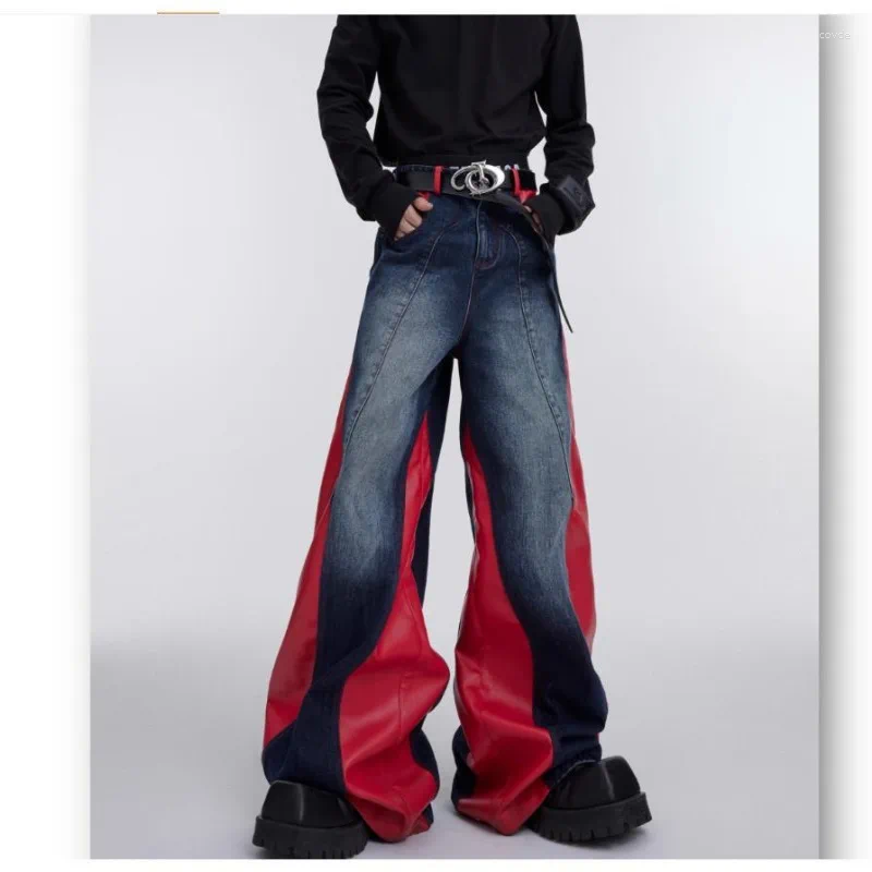 Men's Jeans Vintage Baggy Men Clothing Street Fashion Hip Hop PU Leather Splicing Washed Mens Casual Versatile For