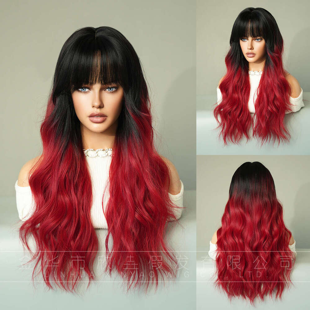 Japanese And Korean Women's Long Black Curly Hair With Bangs, Gradient Red Wig Set Ombre Red Wigs Kq9 Kq9