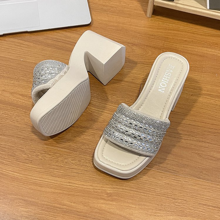 Women Slippers High Heel Sandals New Fashion Korean Version Diamond Gentle Style Increase Height Triple Black Beige Free shipping