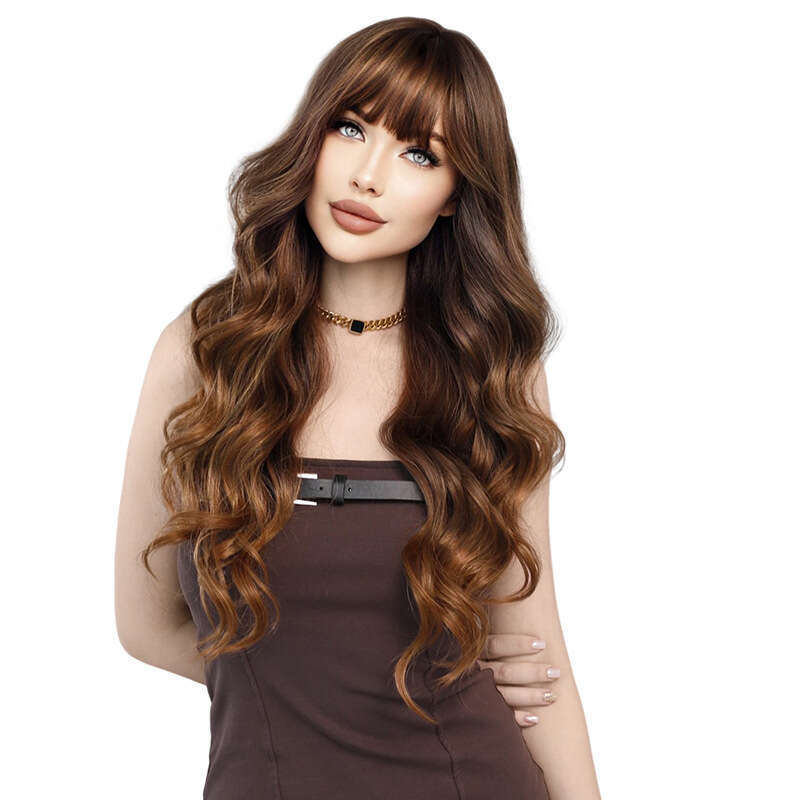 Female Wig With Full Head, Bangs, Gold Brown Gradient Long Curly Hair, Korean Style Big Wave, Highlight Wigs Kq9 Kq9