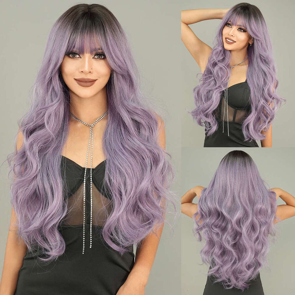 New Women's Grey Purple Long Curly Hair Top Dyed With Chemical Fiber Nism Wig Kq9 Kq9