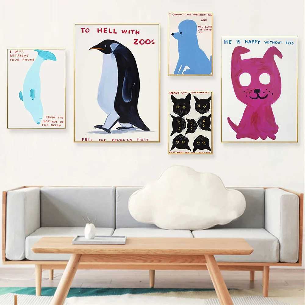 David Shrigley Tiger Penguin Whale Shell Cat Wall Art Nordic Poster Prints Canvas Painting Wall Pictures for Living Room DecorXJ2411216