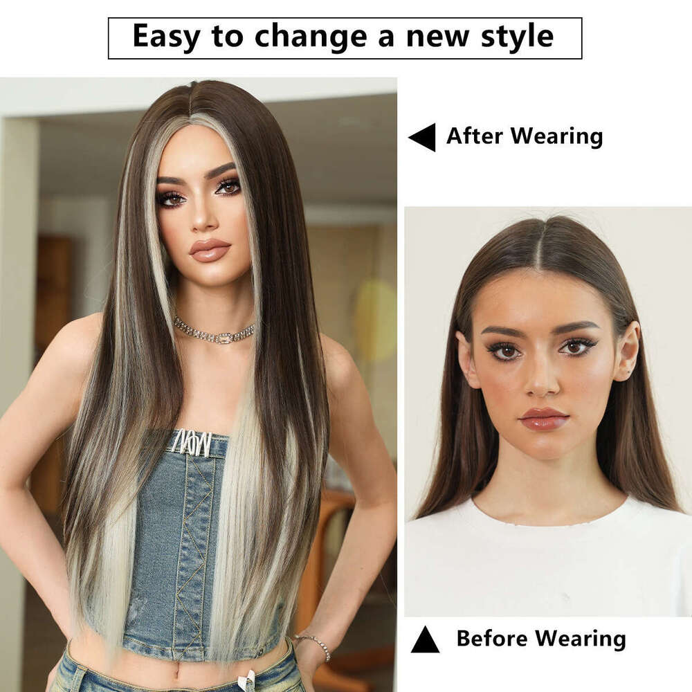 New Asian Style Dyed Brown Straight Fashionable Girls' Mid Length Long Hair High-Quality Synthetic Wig Headband Kq9 Kq9