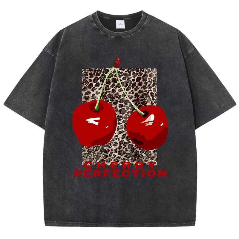 Women's T-Shirt Cherry perfection Washed T Shirt Women Cotton Leopard Prints Oversize Tops Vintage Black O-Neck T-Shirts Summer Woman Clothes Y24
