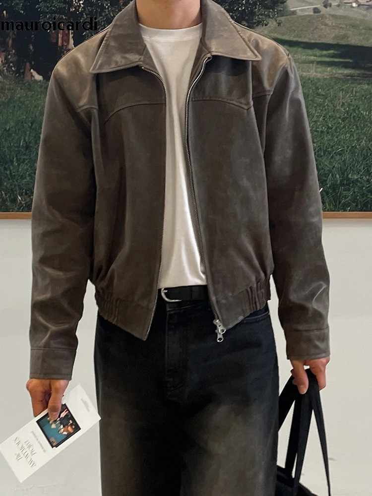 Mauroicardi Spring Autumn Vintage Lightweight Distressed Washed Brown Pu Leather Jacket Men Zipper Casual Korean Fashion Clothes 241217