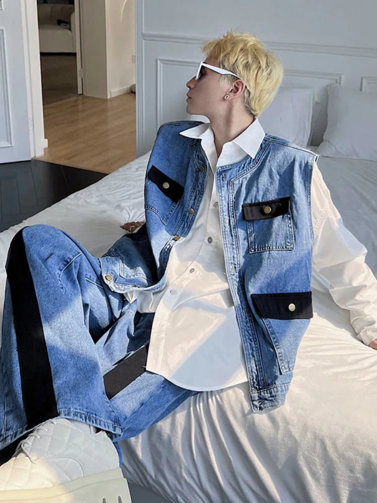 Gmiixder Jeans 2pcs Suit Men Trend Korean Handsome Casual Denim Vest Jacket High Street Jeans Two-piece SuitSingle Streetwear 241217
