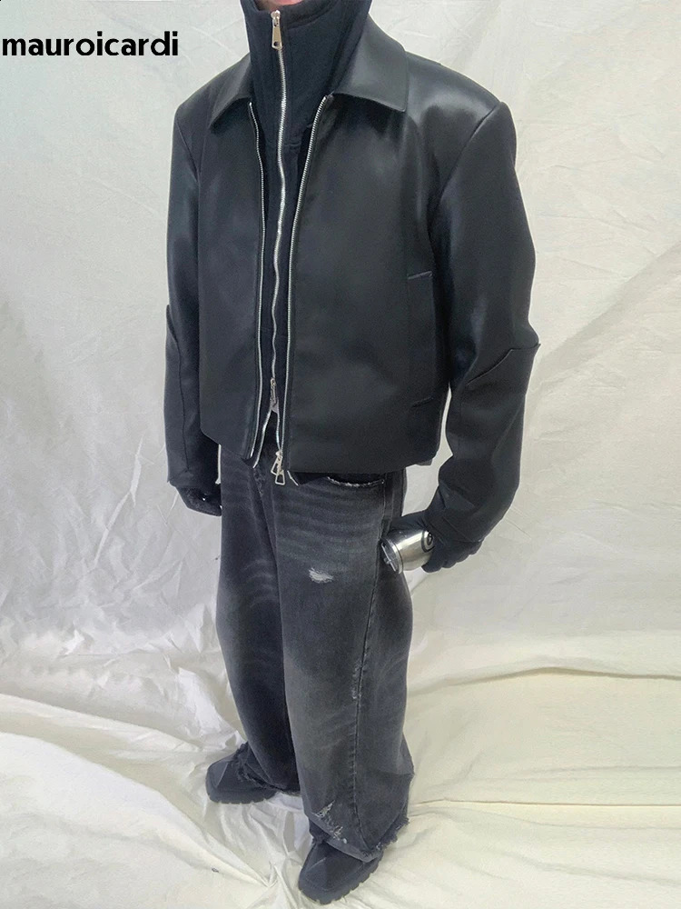 Mauroicardi Spring Autumn Black Soft Lightweight Pu Leather Jacket Men Zipper Turndown Collar Loose Casual Korean Fashion 241217