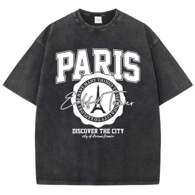 Women's T-Shirt Casual Woman Acid Wash T-Shirts Paris Discover The City Prints Ts Distressed Oversize Cotton Short Slve Trend Female Clothes Y241
