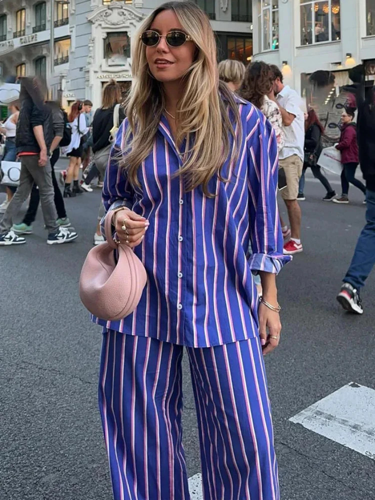 ZBZA Womens Oversized Striped Shirt Pants Suit Lapel Long Sleeves Top High Elastic Waist Pockets Straight Leg Pants Female Set 241217