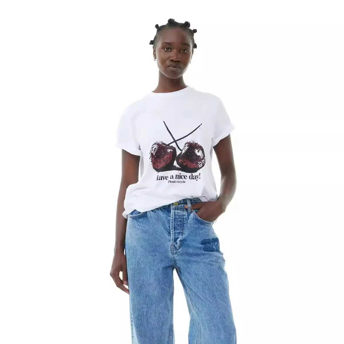 Women's T-Shirt 2025 New Spring/summer T-shirt Cherry Print Casual Boudoir Wear Round Neck Loose Short-slved T-shirt Y241212G1V2