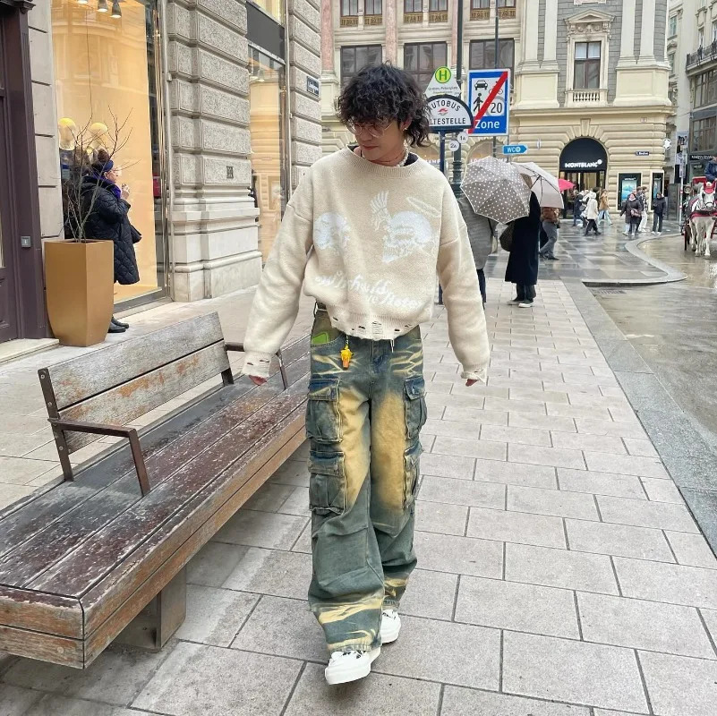 Streetwear Stylish Three-dimensional Pocket Washed Baggy Jeans Men Y2K Gothic Retro Casual High Waist Wide Leg Pants 241217