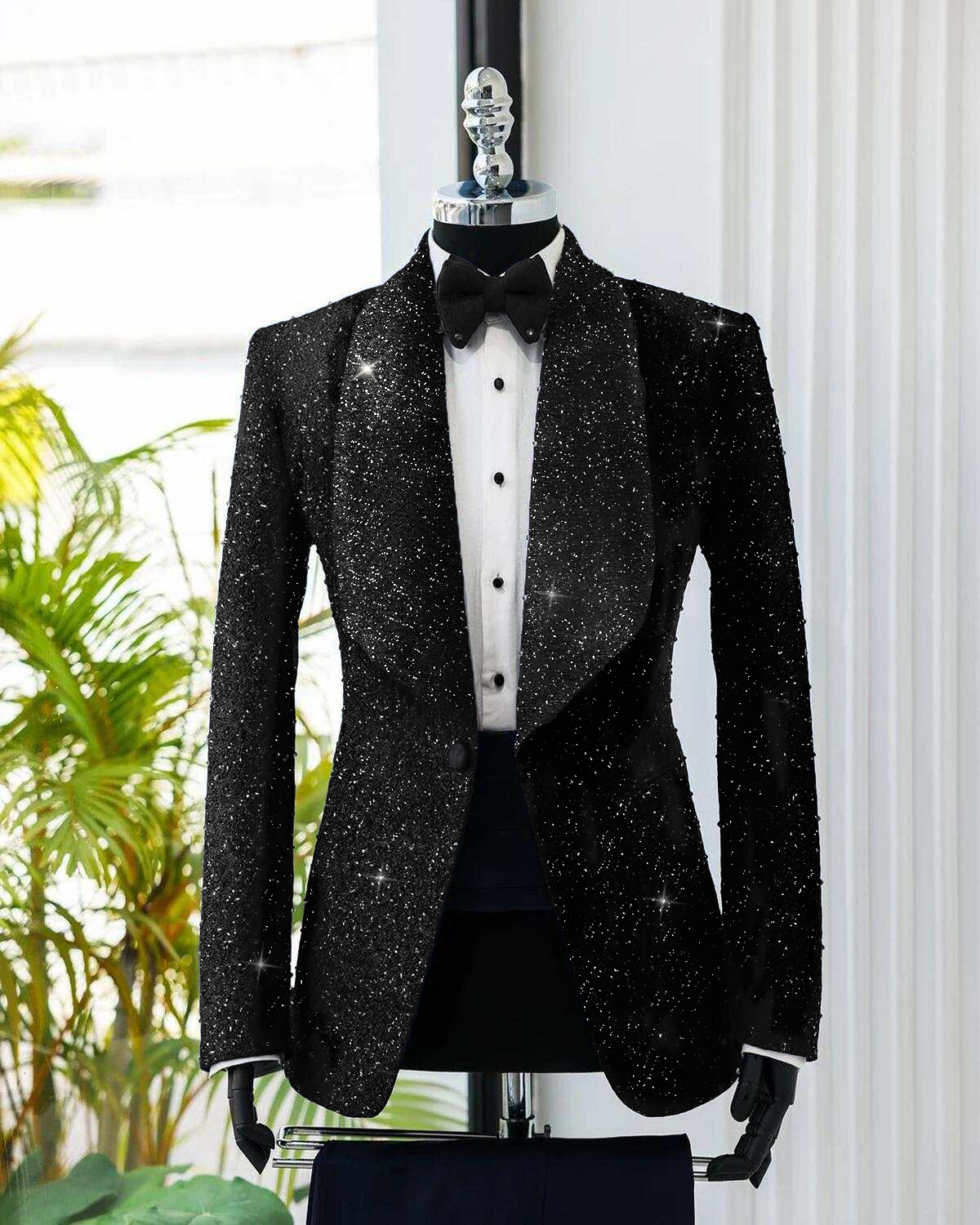 Bling Men Suits Sequins 2 Piece Set Jacket Pants Shawl Lapel Wedding Tuxedos One Button Fashion Groom Tuxedo suit Customized