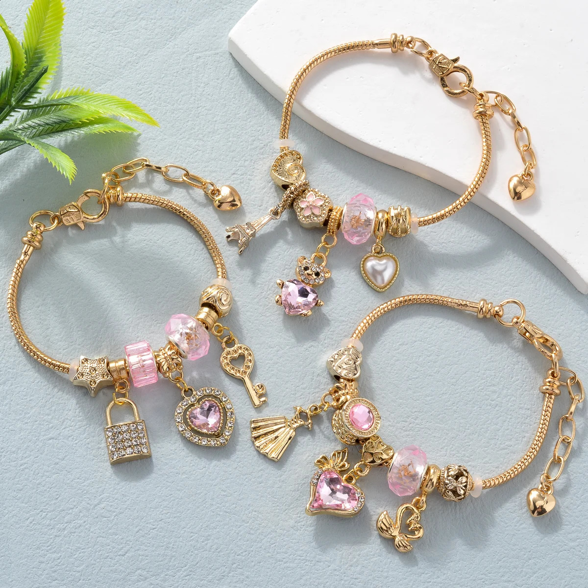 Premium Stainless Steel Charms Bracelet For Women Y2K Glazed Gem Beads Key Lock Love Hanging bracelet Gifts 241216