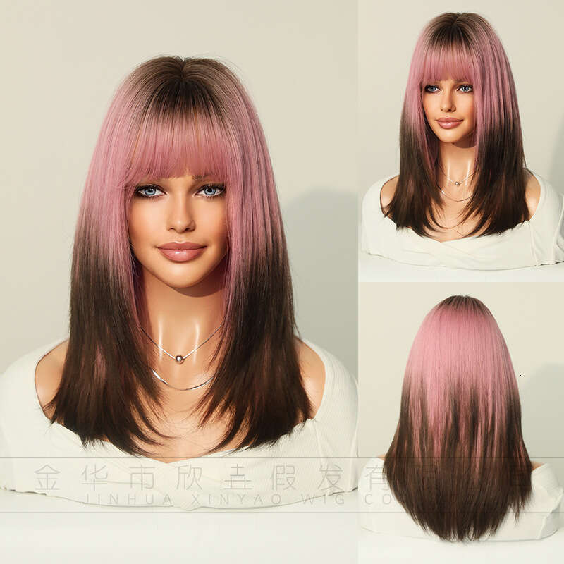 Attention To Ordering - Long Haired Siamese Cat Gradient Pink Brown Layered Wig Synthetic Medium Long Hair Cover Kq9 Kq9