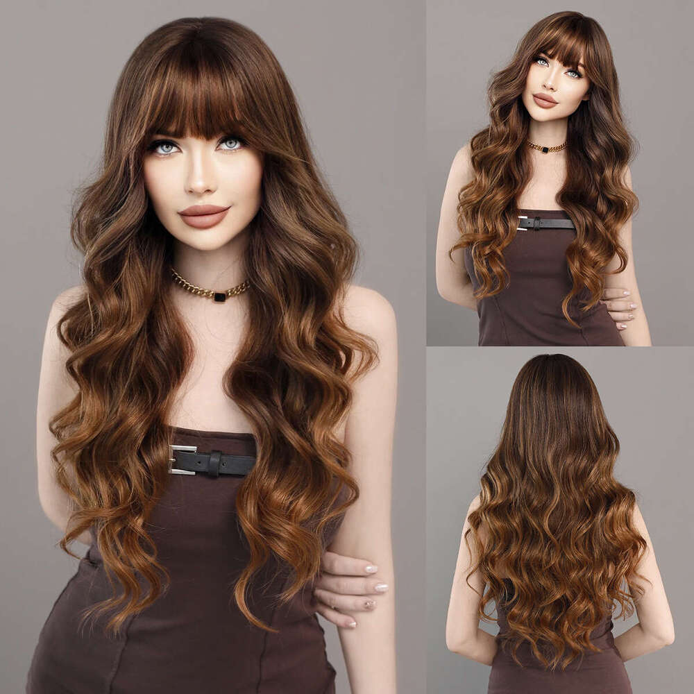 Female Wig With Full Head, Bangs, Gold Brown Gradient Long Curly Hair, Korean Style Big Wave, Highlight Wigs Kq9 Kq9