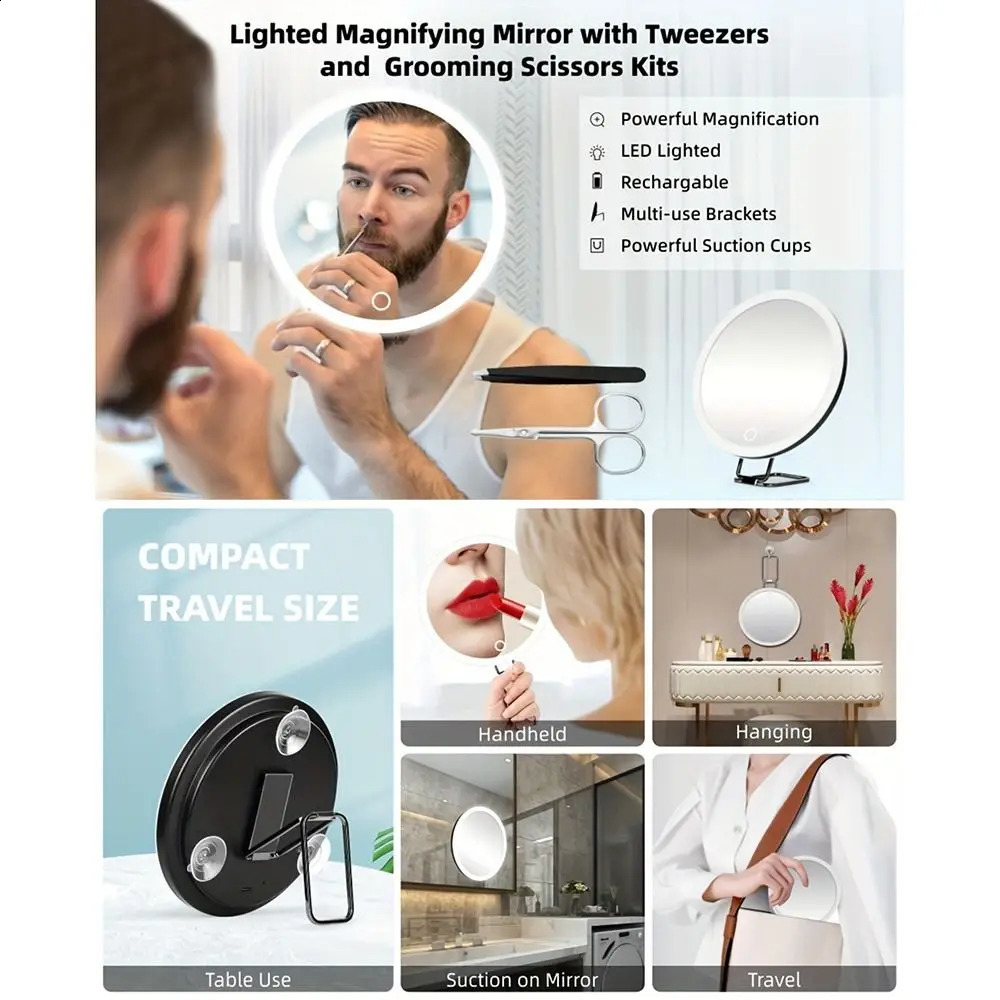 360° Adjustable Stand Magnifying Mirror with Light High-Definition Suction Cup LED Makeup Mirror Foldable 5/10/20/30x 241217