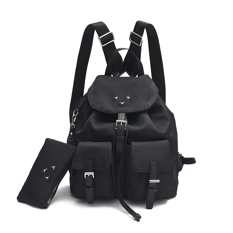 Designer Re-Nylon Backpack for Women, Fashion Cover Daypack Rucksack with Clutch Bag Black Color YaLi05