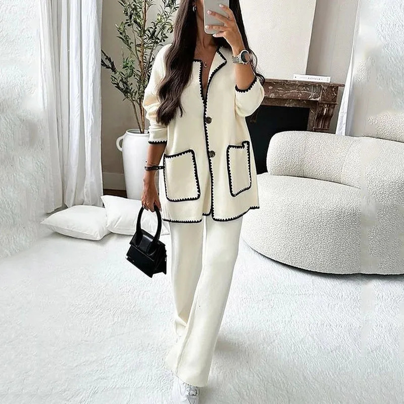 Womens two-piece long sleeved knitted pocket single chest cardigan autumn elegant and fashionable womens warm streetwear 241216
