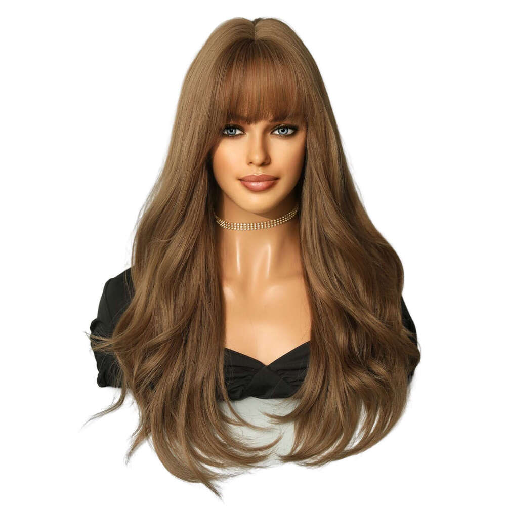 Ladies' Brown Wavy Wigs With Long Curly Hair, Air Bangs, Big Waves, Synthetic Wigs Kq9 Kq9